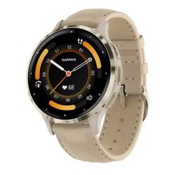 Andorra-Garmin Venu 3S Beige Gold Stainless Steel Bezel with French Grey Case and Beige Gold Leather Band 41mm
