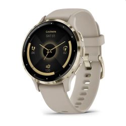 Andorra-Garmin Venu 3S Soft Gold Stainless Steel Bezel with French Gray Case and Silicone Band 41mm