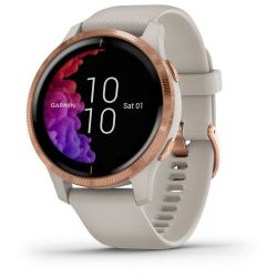 Andorra-Garmin Venu Rose Gold Stainless Steel Bezel with Light Sand Case and Silicone Band 43mm